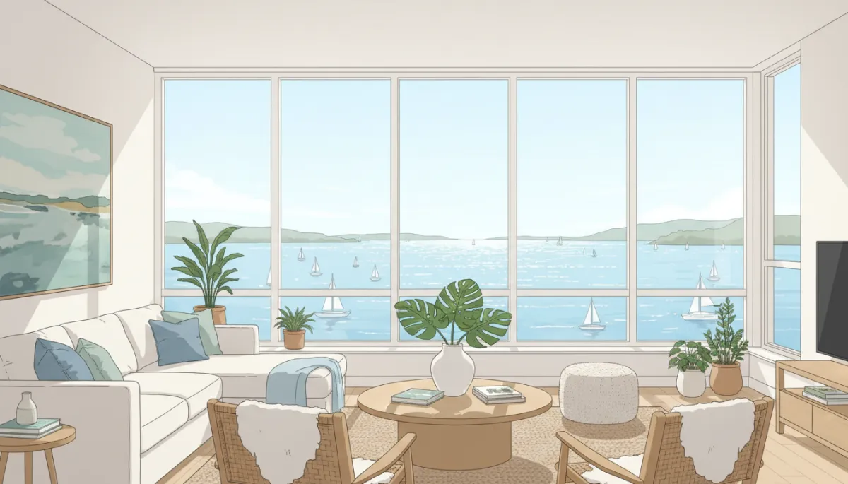 A bright, natural-light-filled North Shore coastal condo living room with large, clear windows overlooking a sparkling harbor on a sunny day. The room feels airy and cheerful, with crisp, true-to-life colors and no visible filters or color overlays.