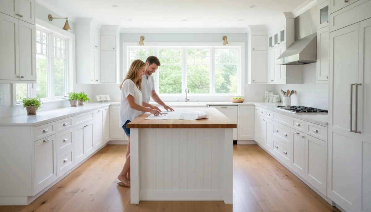 Photorealistic couple standing in a bright coastal North Shore Massachusetts kitchen reviewing home plans