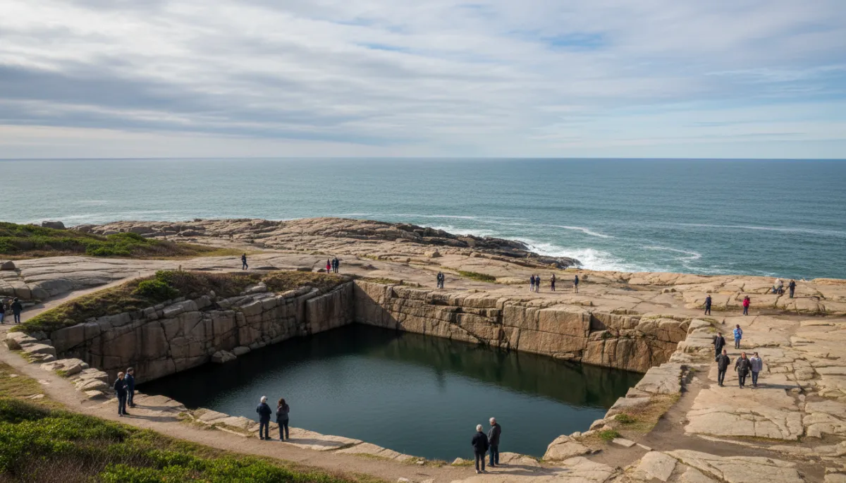 Photorealistic view of Halibut Point State Park with granite ledges and a water-filled quarry pit overlooking the Atlantic Ocean