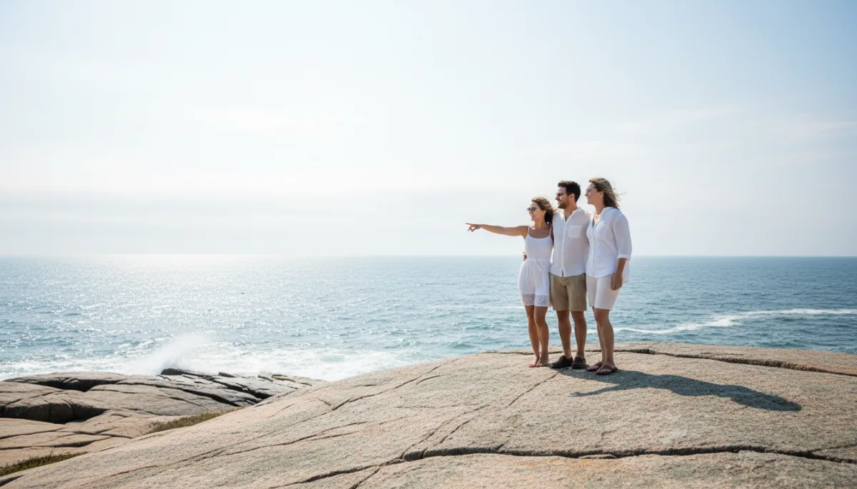 Friends enjoying the ocean view from rocky cliffs at Halibut Point State Park.