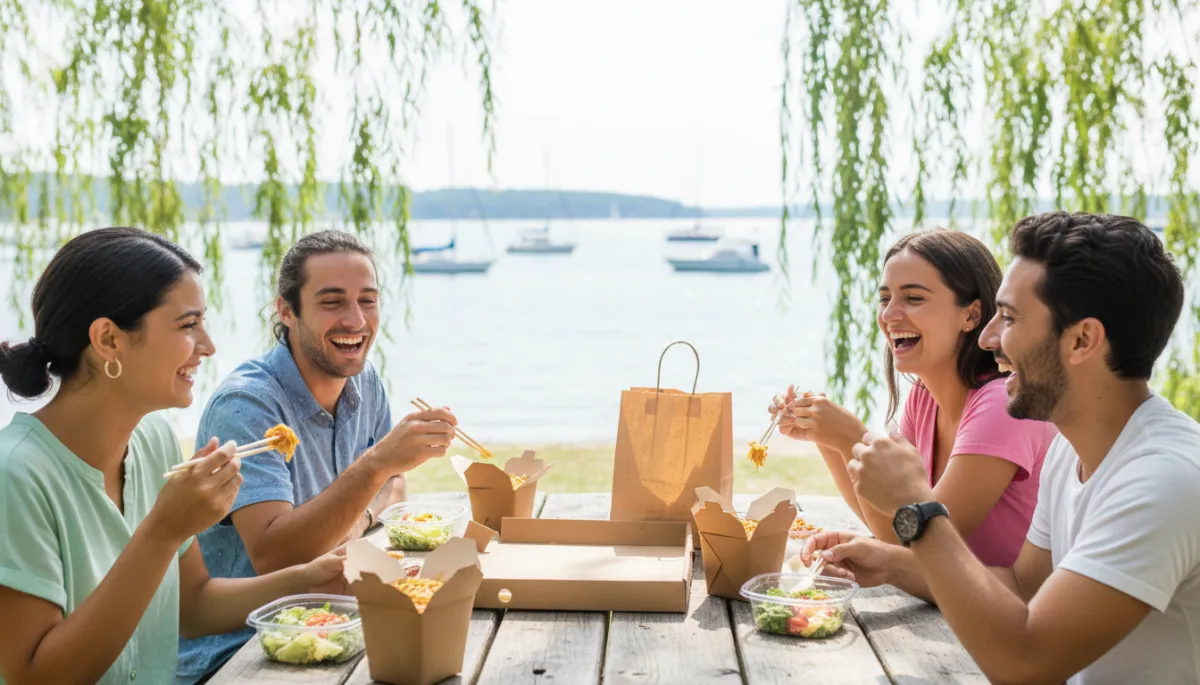 Friends enjoying food and views under willow trees at Salem Willows.
