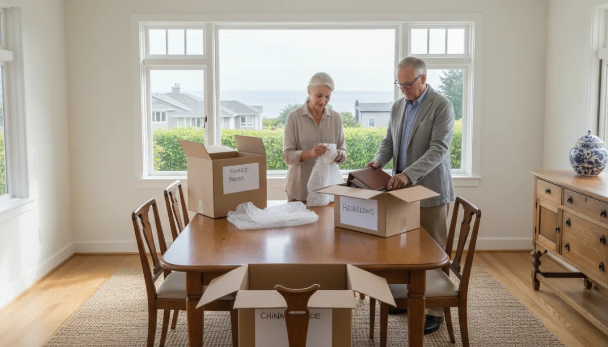 North Shore couple packing keepsakes while preparing to downsize to a smaller home.
