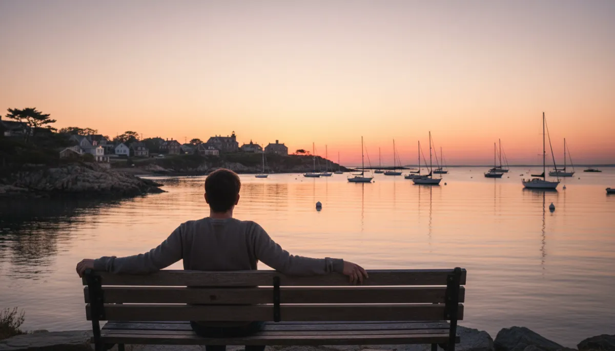 Person sitting on a bench overlooking a calm North Shore harbor at sunset