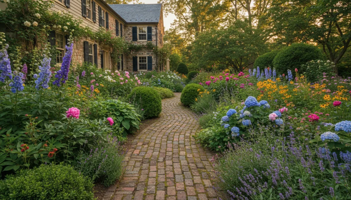 Brick path through a private garden on the Old Newbury Garden Tour