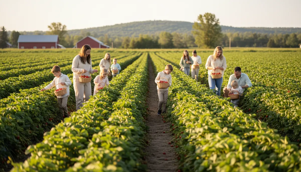 Families picking strawberries at a North Shore Massachusetts farm in June