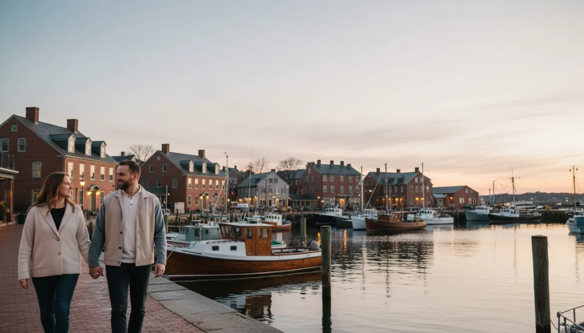 Evening harbor walk with fishing boats and historic buildings on the North Shore