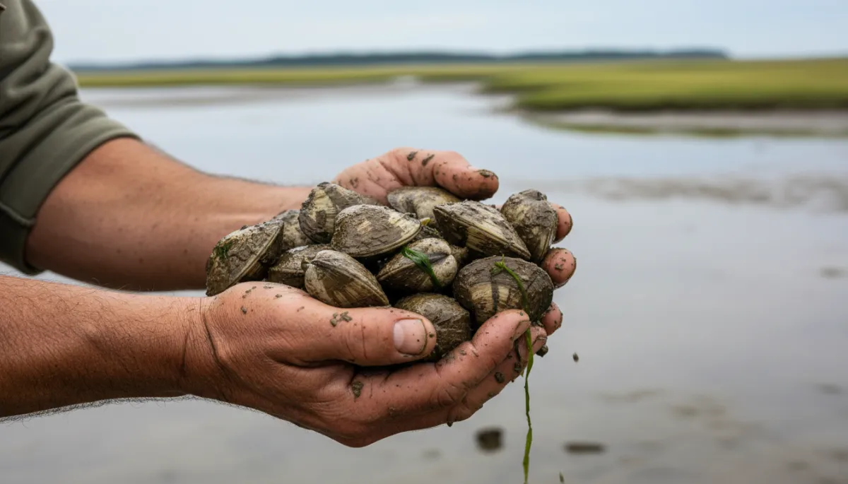 Weathered hands holding freshly dug soft-shell clams from Ipswich flats