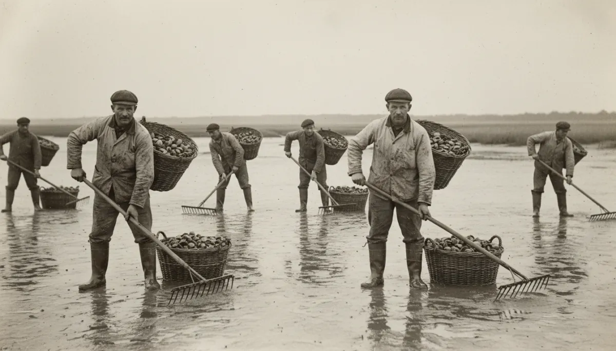 Historic Ipswich clam diggers on tidal flats using hand rakes and baskets