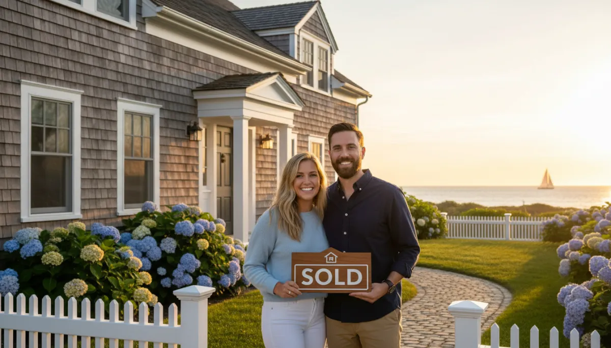 Happy couple holding a sold sign in front of a North Shore home