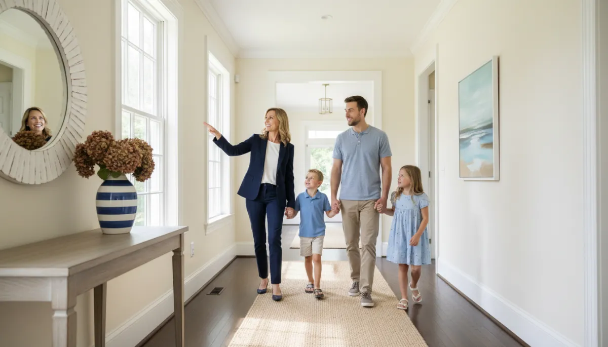 Real estate agent guiding a family through a North Shore home