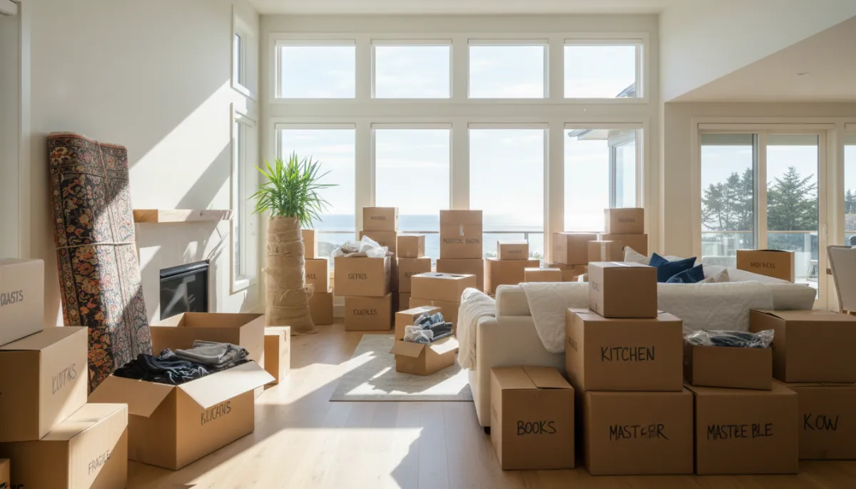 Moving boxes stacked in a North Shore living room during a move