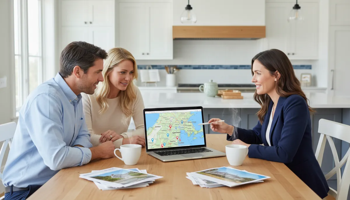 Agent and couple planning a coordinated sell-and-buy strategy at kitchen table