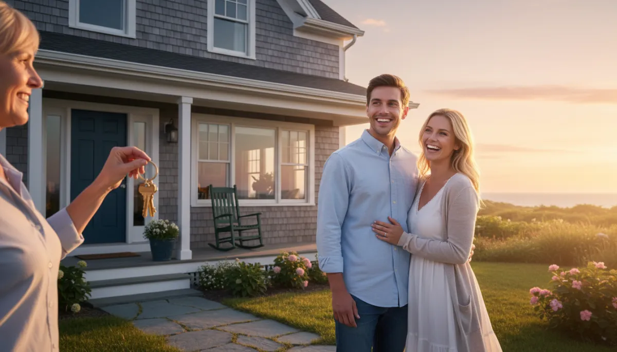 Happy first-time buyers receiving house keys outside a New England home