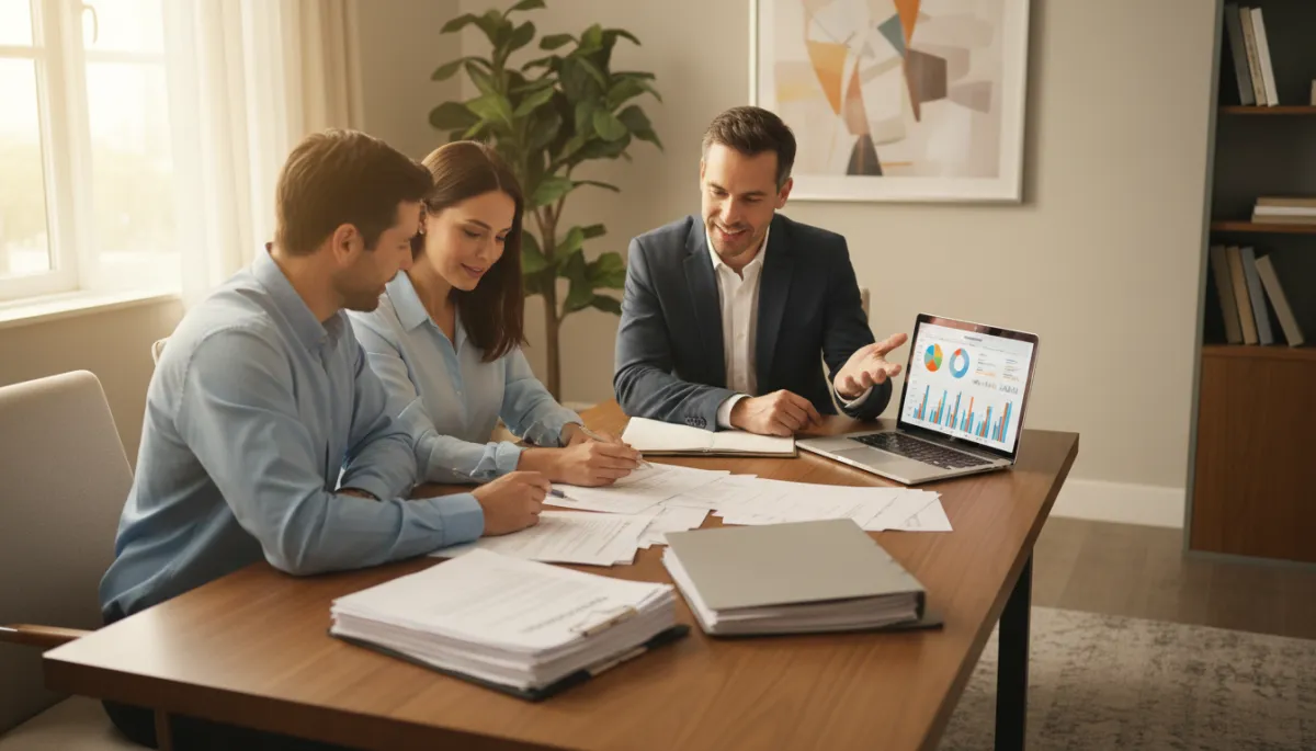 Couple reviewing mortgage and home comparison figures with an advisor