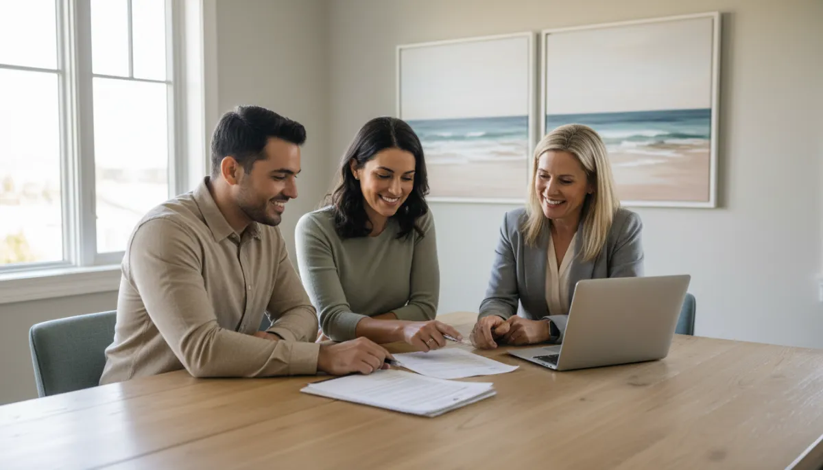 Couple reviewing mortgage documents with a lender in a bright office