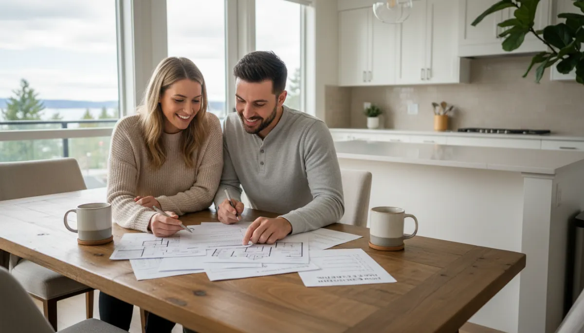 Young couple reviewing home tour notes and checklist at a kitchen table