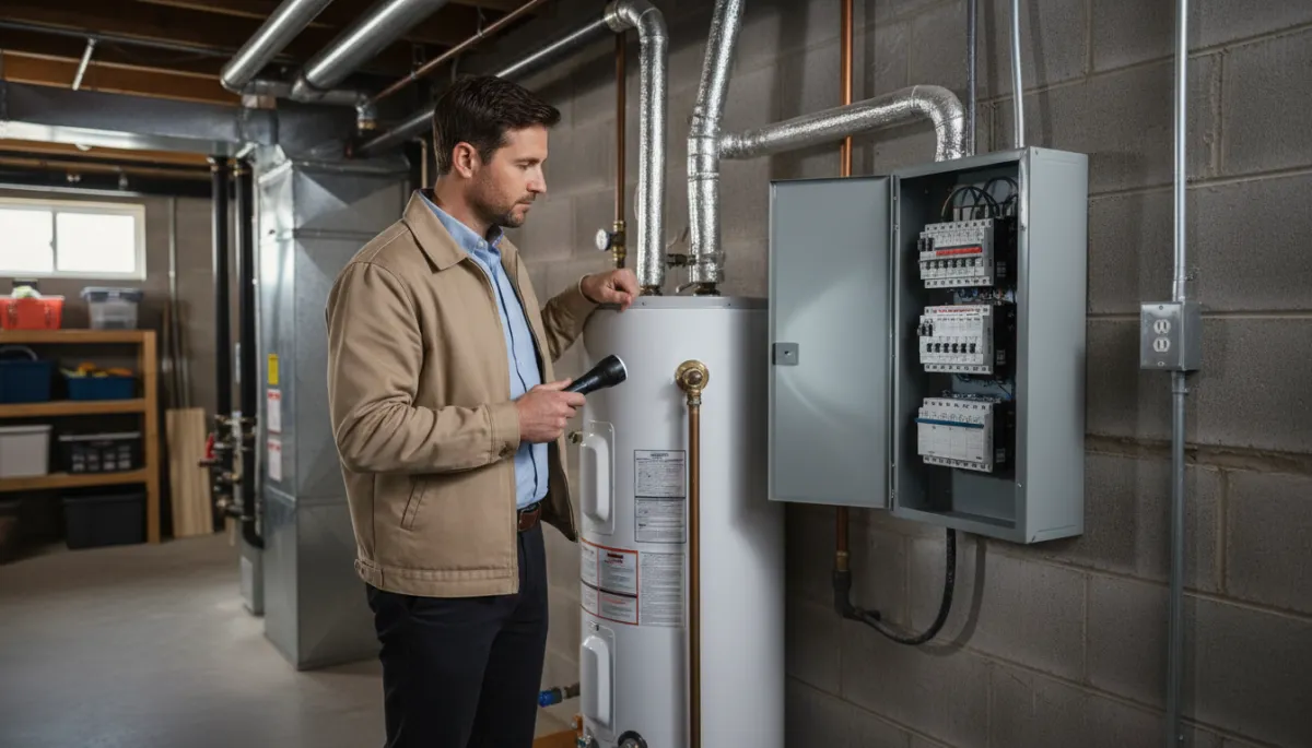 Buyer examining a home's mechanical systems in a basement utility area