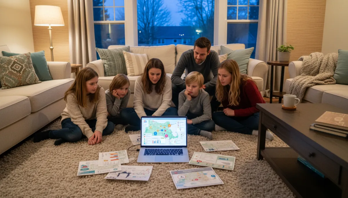 Family comparing community information online while planning a move