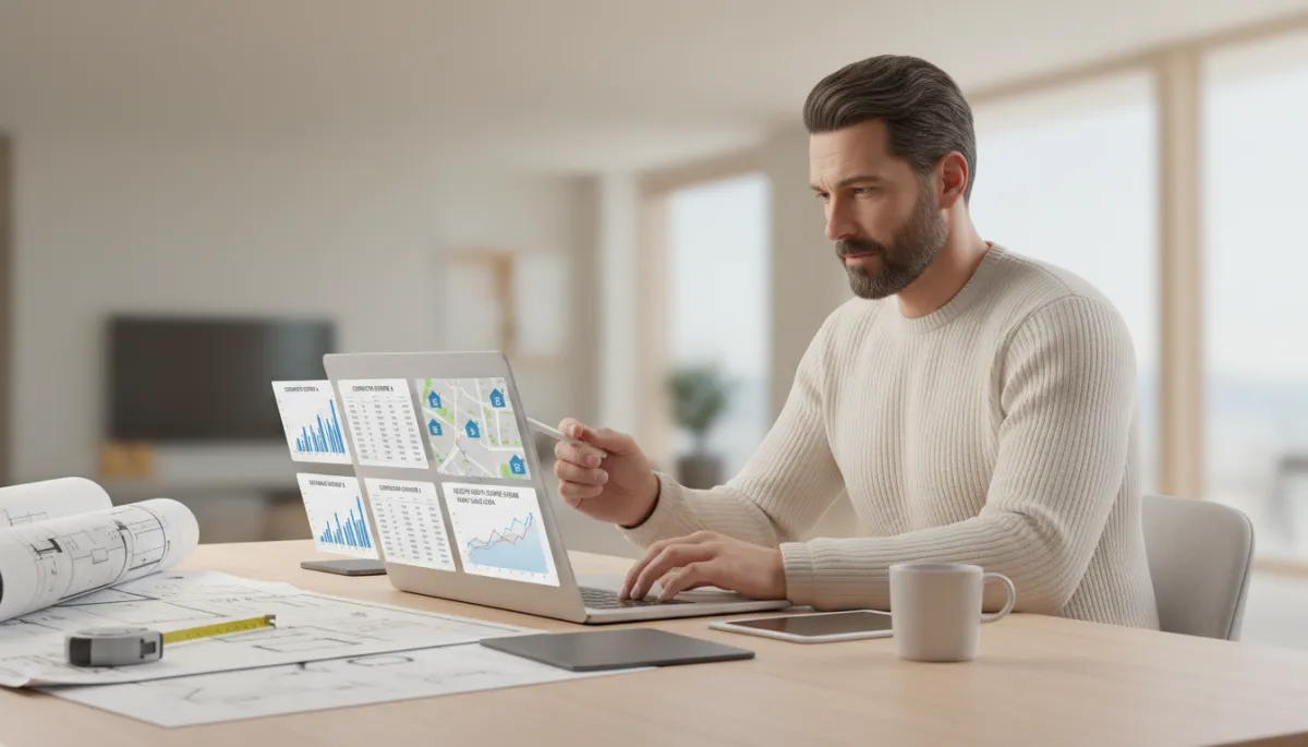 North Shore homeowner comparing renovation estimates with neighborhood sale prices on a laptop