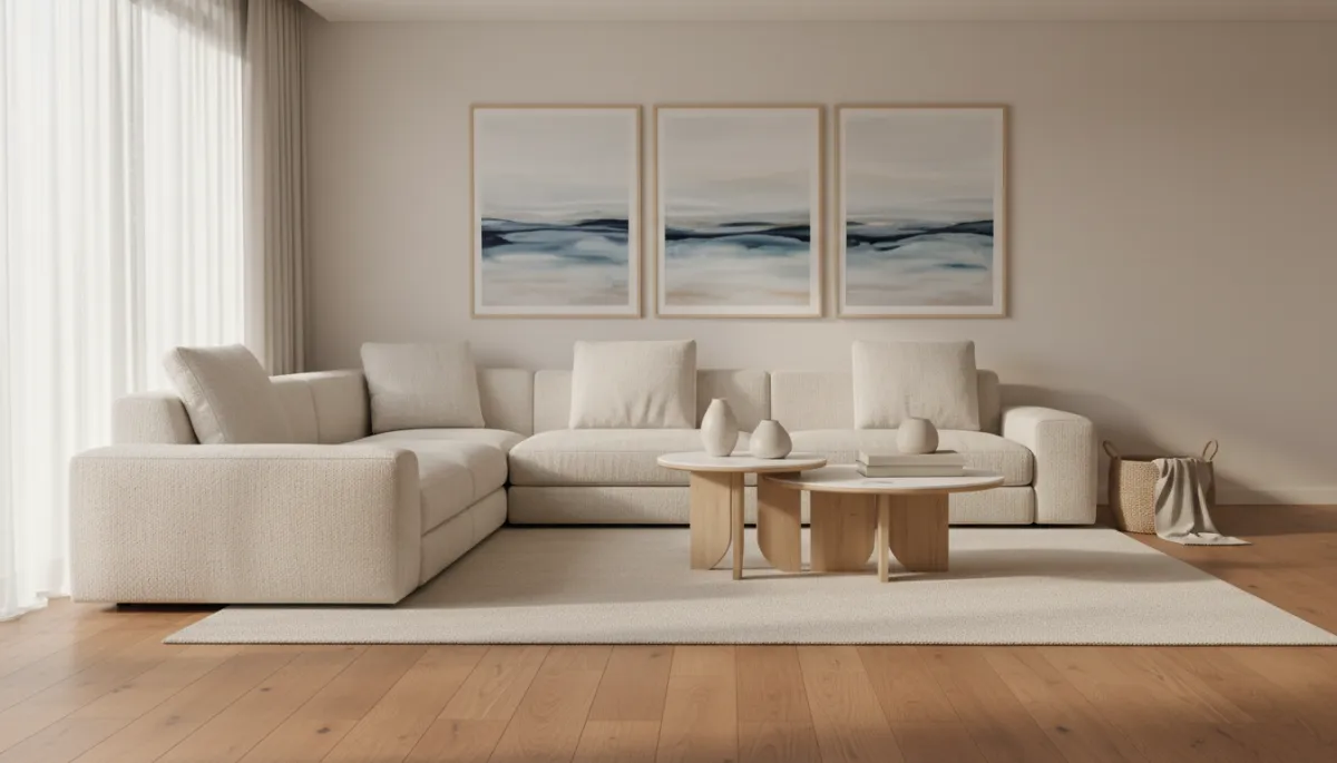 Lightly staged living room in an Ipswich Massachusetts home with warm, neutral decor