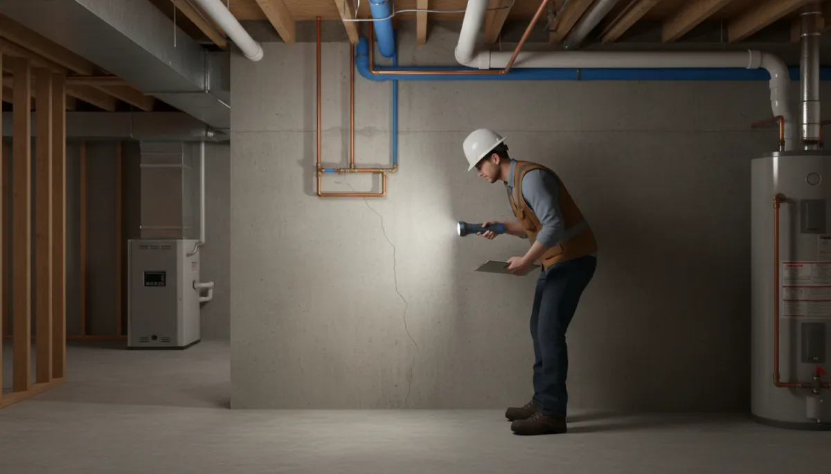 Contractor inspecting basement foundation and utilities in a Gloucester home before listing