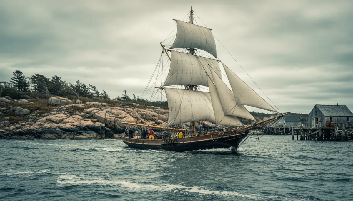 Historic Gloucester fishing schooner under sail near the harbor entrance