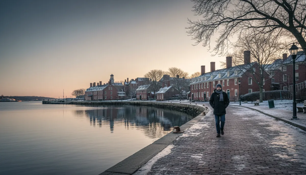 Derby Wharf at sunrise in winter in downtown Salem