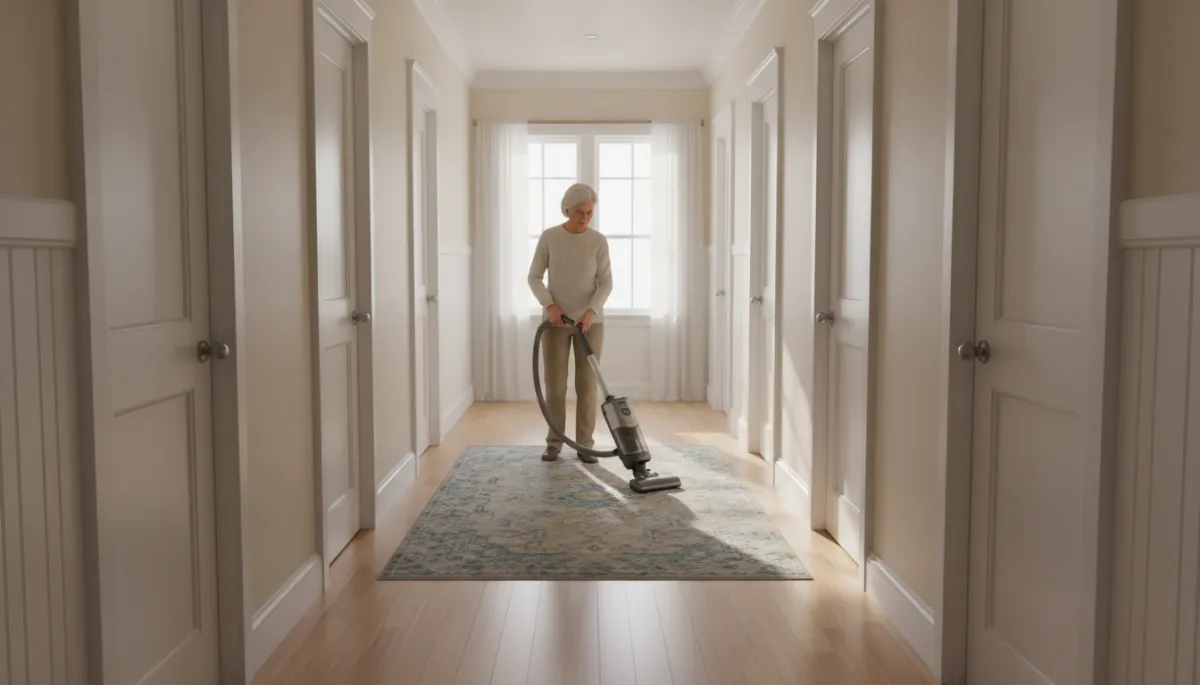 Older homeowner vacuuming a long hallway with closed bedroom doors