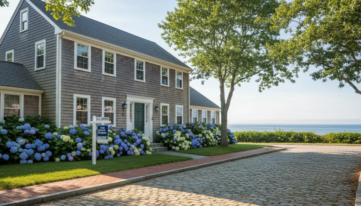 photorealistic bright sunlit North Shore Massachusetts colonial home on a quiet coastal street, light blue sky, hydrangeas in bloom, subtle ocean haze in distance, sale pending sign in front yard