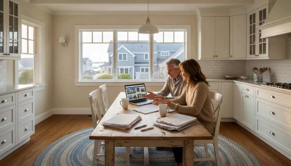 photorealistic coastal New England kitchen with a couple in their 40s sitting at a table covered in real estate paperwork, coffee mugs, laptop open to housing listings, window showing clapboard coastal homes and late afternoon light
