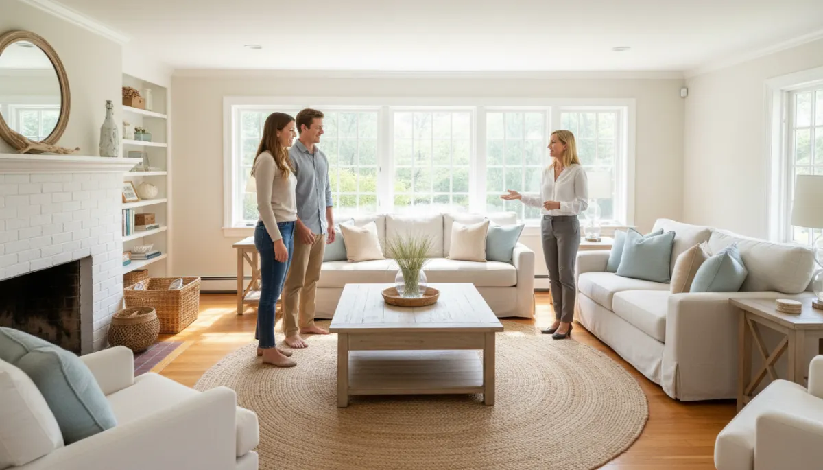 photorealistic excited first-time buyers touring a bright welcoming North Shore Massachusetts colonial-style home interior, warm natural light through large windows, neutral coastal decor, smiling couple listening to agent, professional real estate photography style