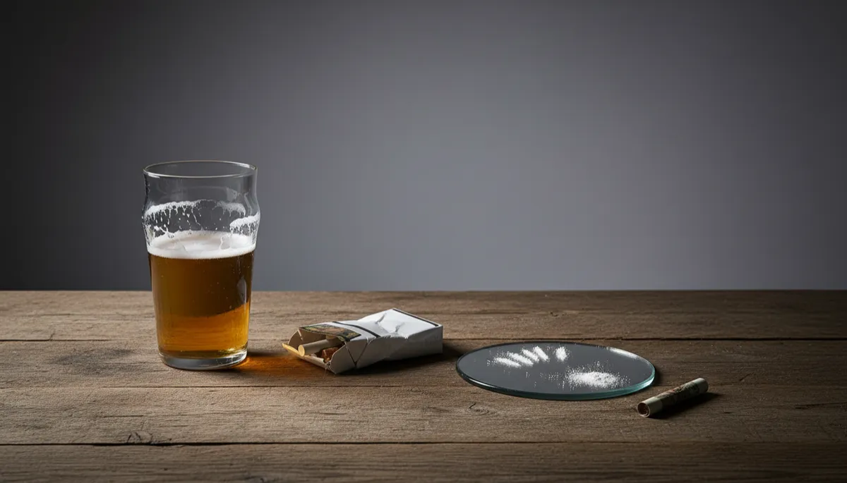 Symbolische Darstellung von Alkohol, Nikotin und Kokain in neutralem Setting