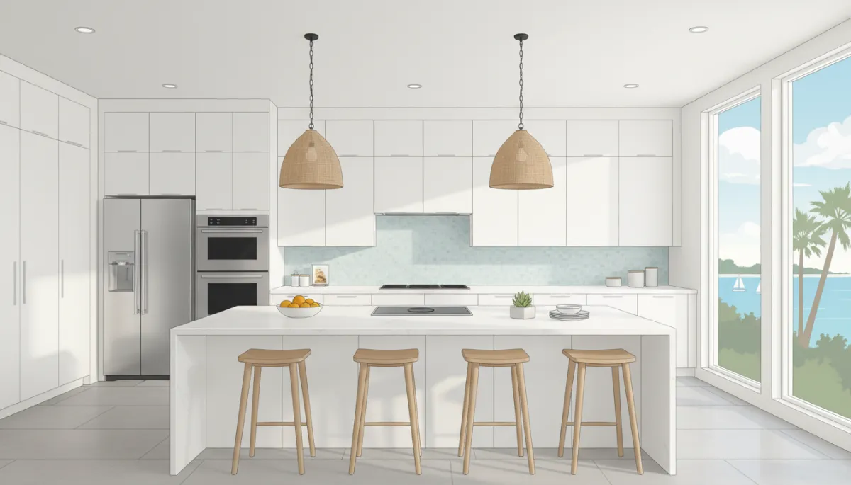 Modern kitchen with white cabinets and large island in a Rockport, TX listing