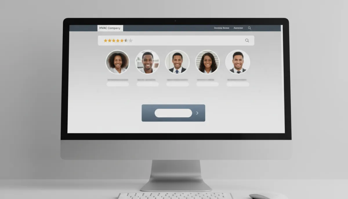 HVAC website homepage showing customer reviews and call to action