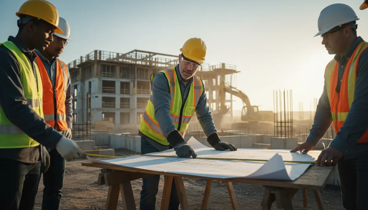 photorealistic general contractor in safety gear reviewing large blueprints on an active construction job site with crew and partially framed building in the background, neutral color palette, early morning natural light