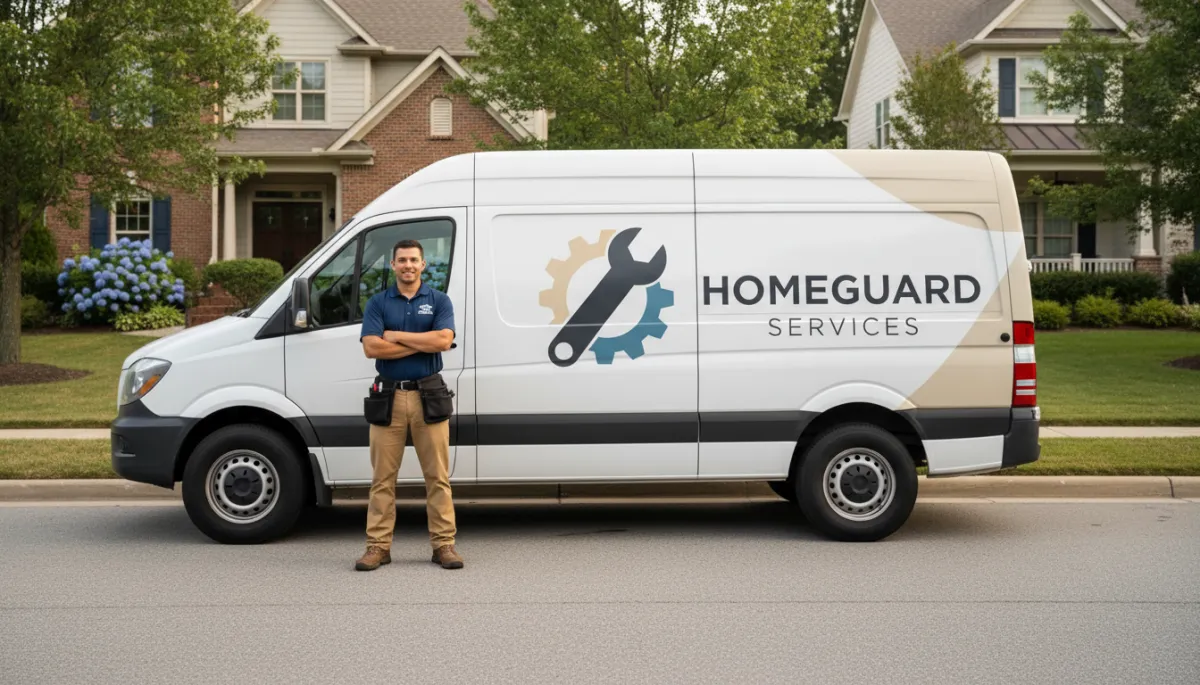 photorealistic scene of a contractor standing beside a wrapped service van with a clean professional logo and business name, neutral color palette, suburban neighborhood street in soft daylight
