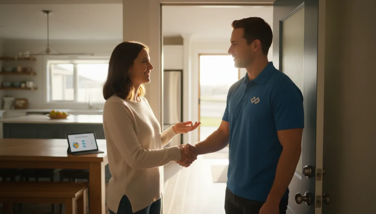 photorealistic scene of a clean-cut contractor in branded polo shirt shaking hands with a smiling homeowner at the front door after reviewing a proposal at a kitchen table, bright natural lighting, warm professional atmosphere, tidy home, tablet with quote visible on table