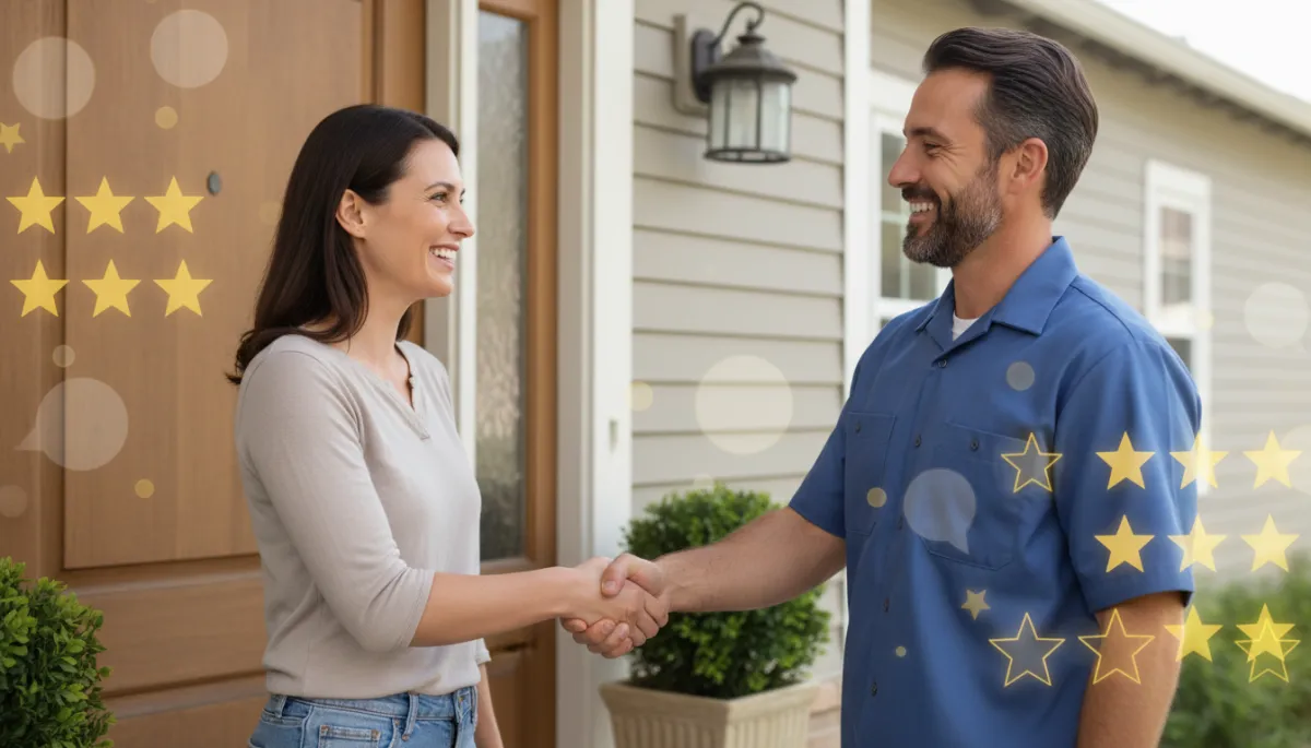 photorealistic neutral-toned scene of a professional plumber shaking hands with a happy homeowner at the front door, both smiling, with a subtle overlay of Google star ratings and review icons in the background