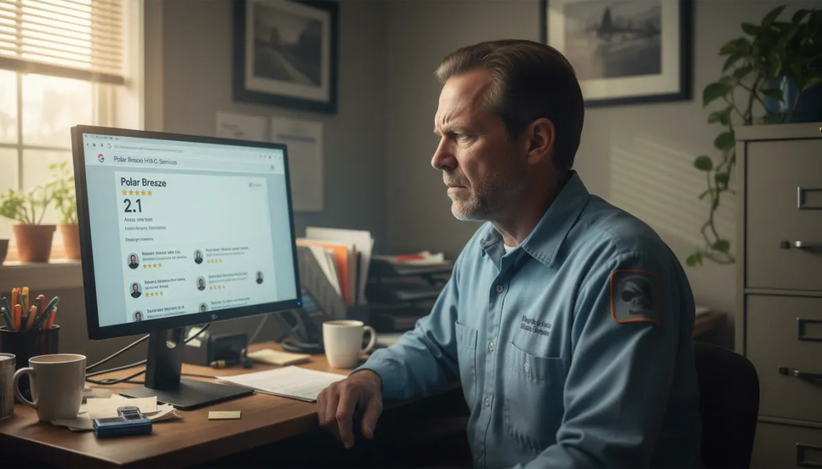 photorealistic neutral-toned scene of an HVAC business owner in a small office staring at a computer screen showing a Google reviews page with several low star ratings, soft daylight, muted colors, worried expression