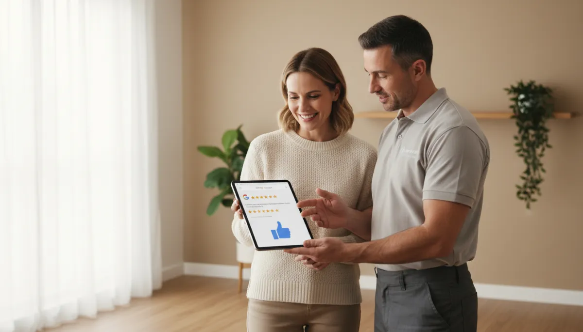 photorealistic neutral-toned scene of an electrician in branded uniform showing a satisfied homeowner a tablet screen with a Google reviews page open, soft natural light, clean modern home interior