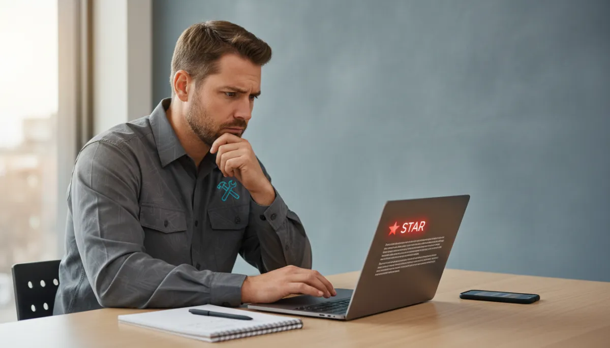 photorealistic neutral color scene of a contractor in branded work shirt sitting at a desk, reading a 1 star review on a laptop, looking concerned but focused, with a notepad and smartphone nearby
