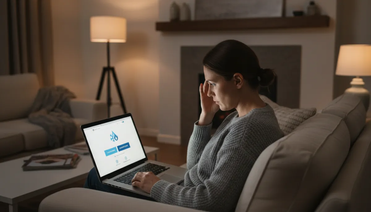 photorealistic neutral-toned scene of a worried homeowner on a couch at night looking at an HVAC company website on a laptop, clear call-to-action buttons visible on screen, soft living room lighting