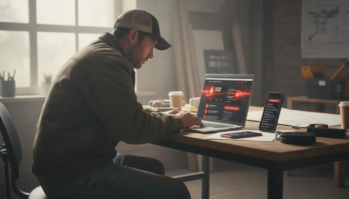photorealistic neutral color scene of a frustrated contractor in work clothes looking at a laptop in a small office, website with red error signs on screen, smartphone on desk showing missed calls, soft daylight