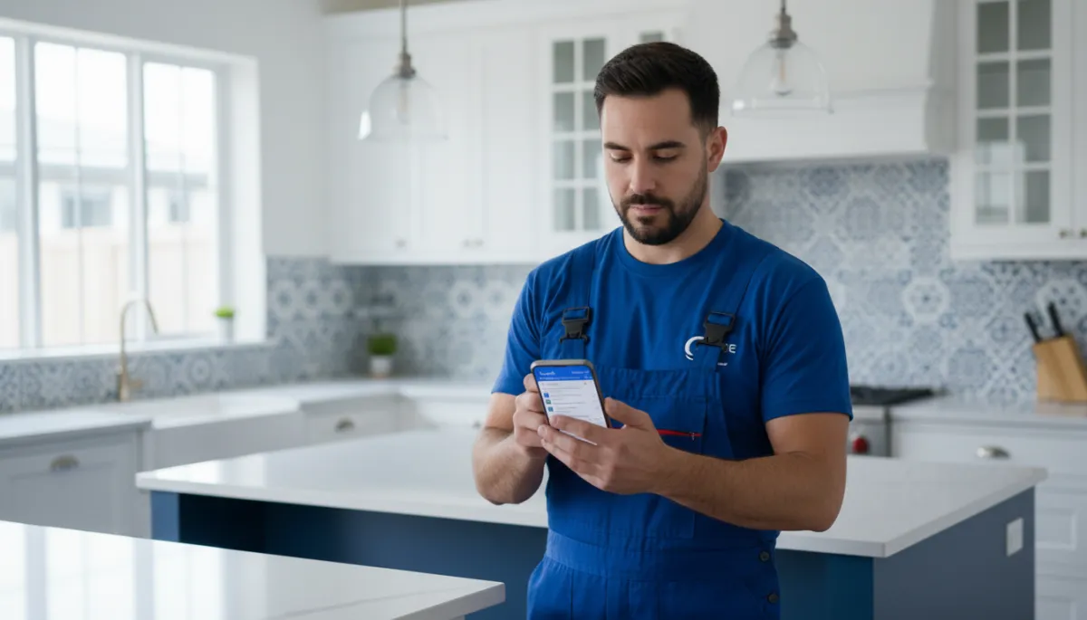 photorealistic plumber in blue work uniform standing in bright modern white-and-blue kitchen, looking at smartphone screen that shows Google search results for local plumbers, subtle depth of field, clean professional lighting