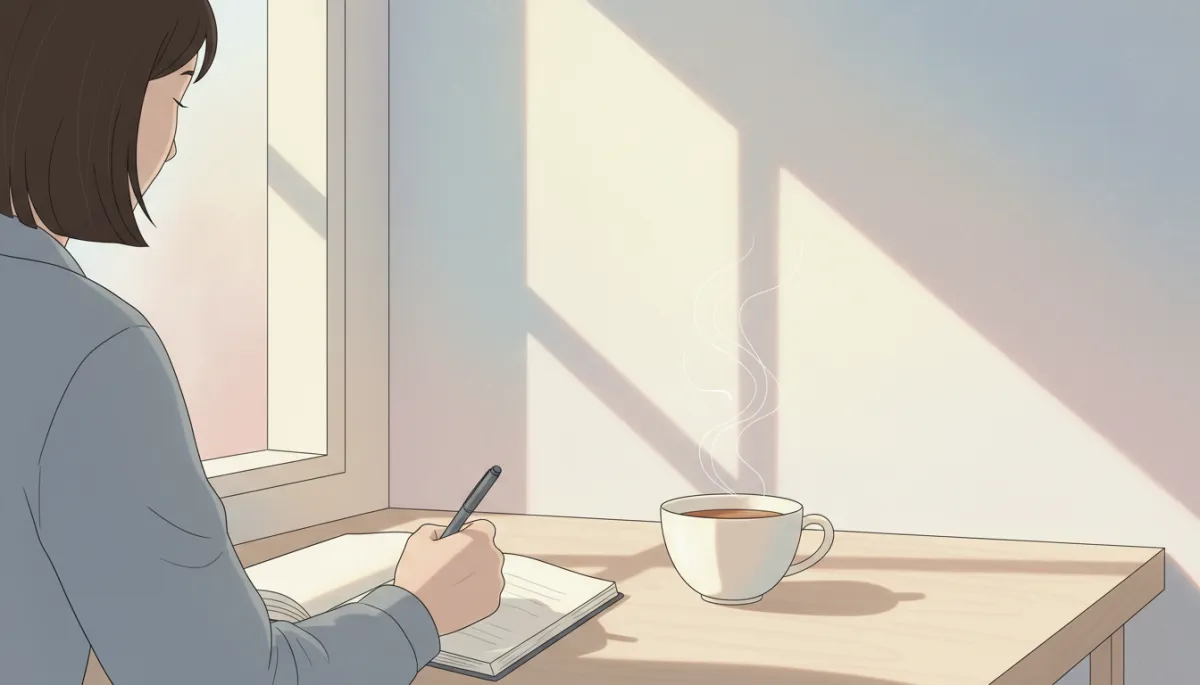 Person journaling at a tidy desk with soft light