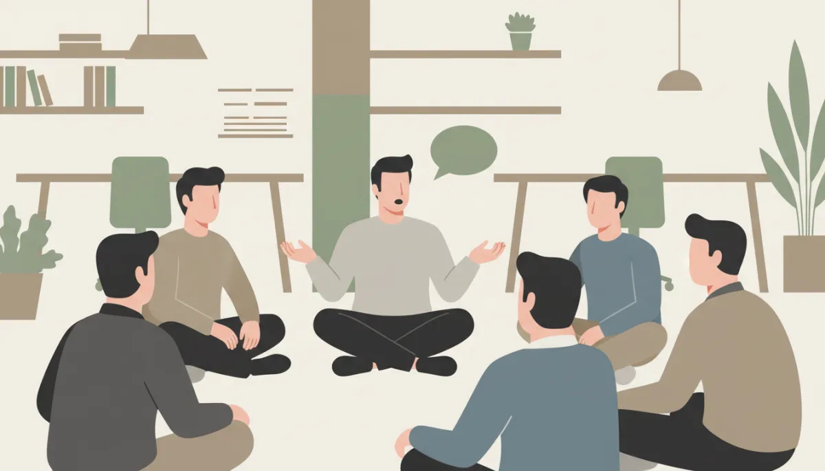 Group of men in a circle having an honest, supportive conversation