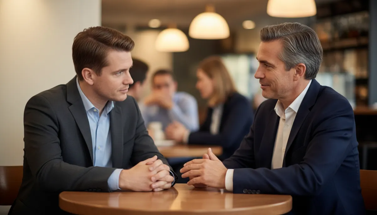 Two men in conversation showing attentive listening and steady eye contact