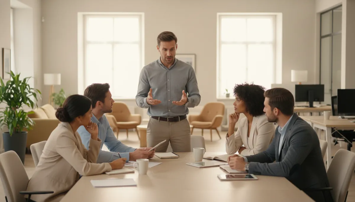 Team gathered around a table in a modern neutral-toned office