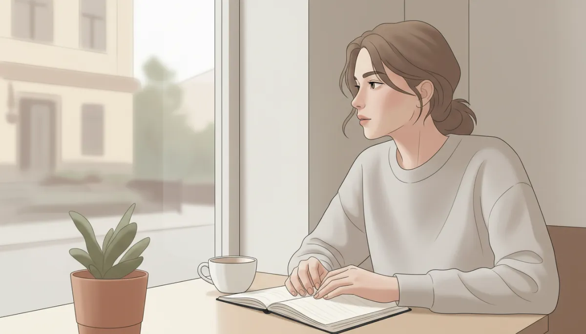 Person quietly reflecting at a café table with a notebook and coffee