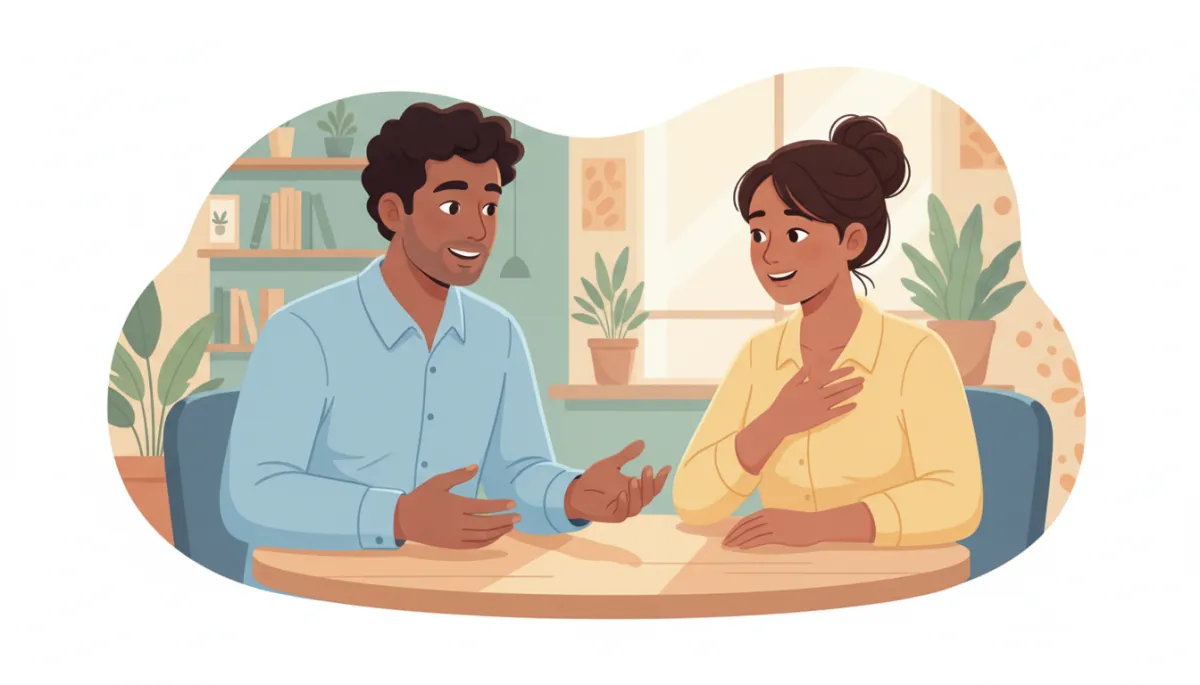 A diverse man and woman in conversation, both showing empathy and positive connection, in a friendly and supportive setting.